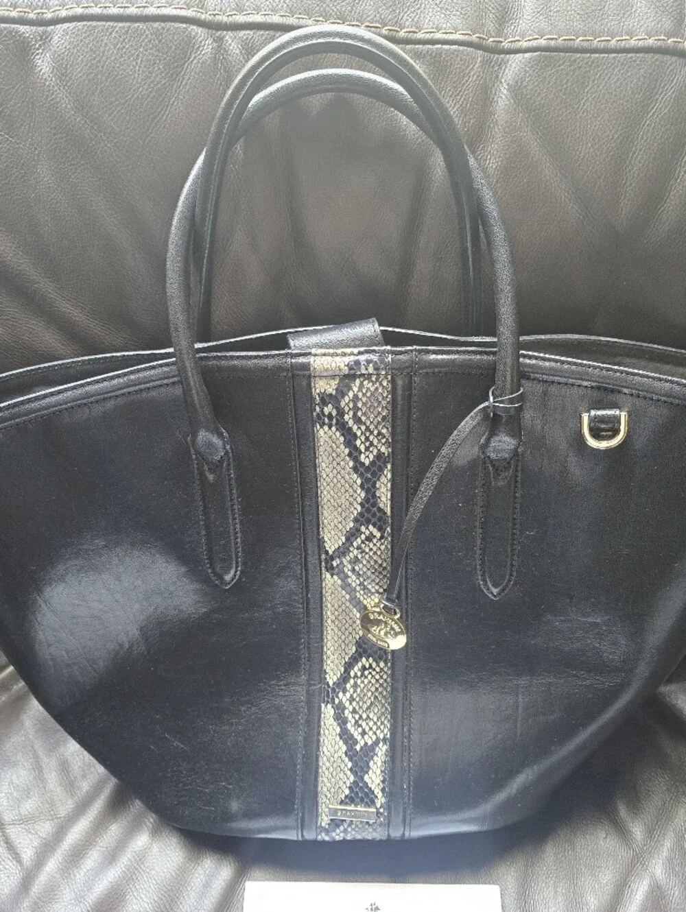 Brahmin Black Leather Satchel with Snake-Print Stripe - Picture 2 of 7